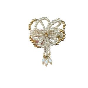 Vintage Hair Clip Barrette Faux Pearl Gold Beads Dangle 4” 80s 90s Formal Prom